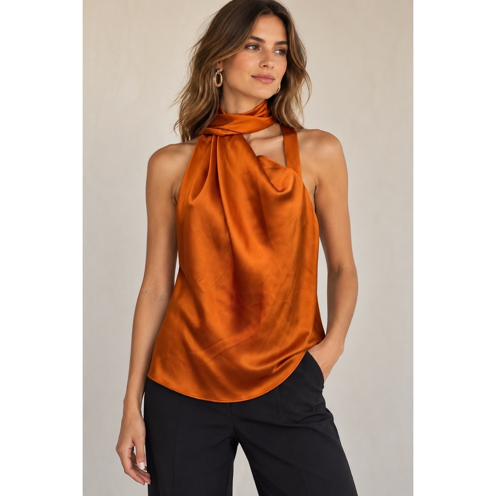 Halston Burnt Orange Satin Draped Scarf Neck Sleeveless Top Size 2